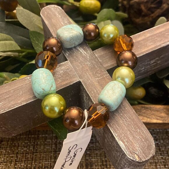 Genuine Semi-Precious Stone Stretch Bracelet Turquoise Green Brown Made in USA - Picture 1 of 7